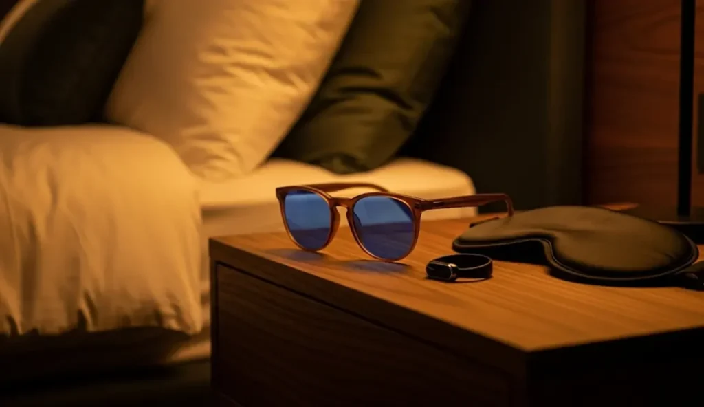 Deep Sleep Protocols - bluelight blocking glasses on bedside table - fithealthyhumans.com